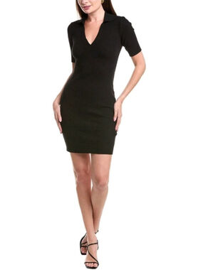 COTTON CITIZEN Ibiza Polo Dress Black Ribbed Collared V Neck Mini Bodycon Size S